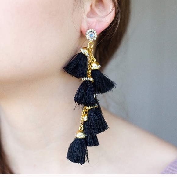 Black Tassel Drop Earrings with Rhinestone Accent - Picture 2 of 3